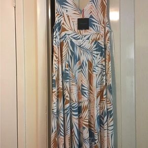 Cynthia Rowley Blue and Tan Leaf Maxi Dress